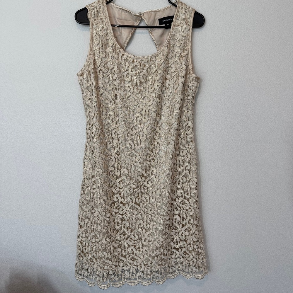 R&M Richards Lace Overlay Dress Womens 14 Champagne Good Keyhole Back Sleeveless